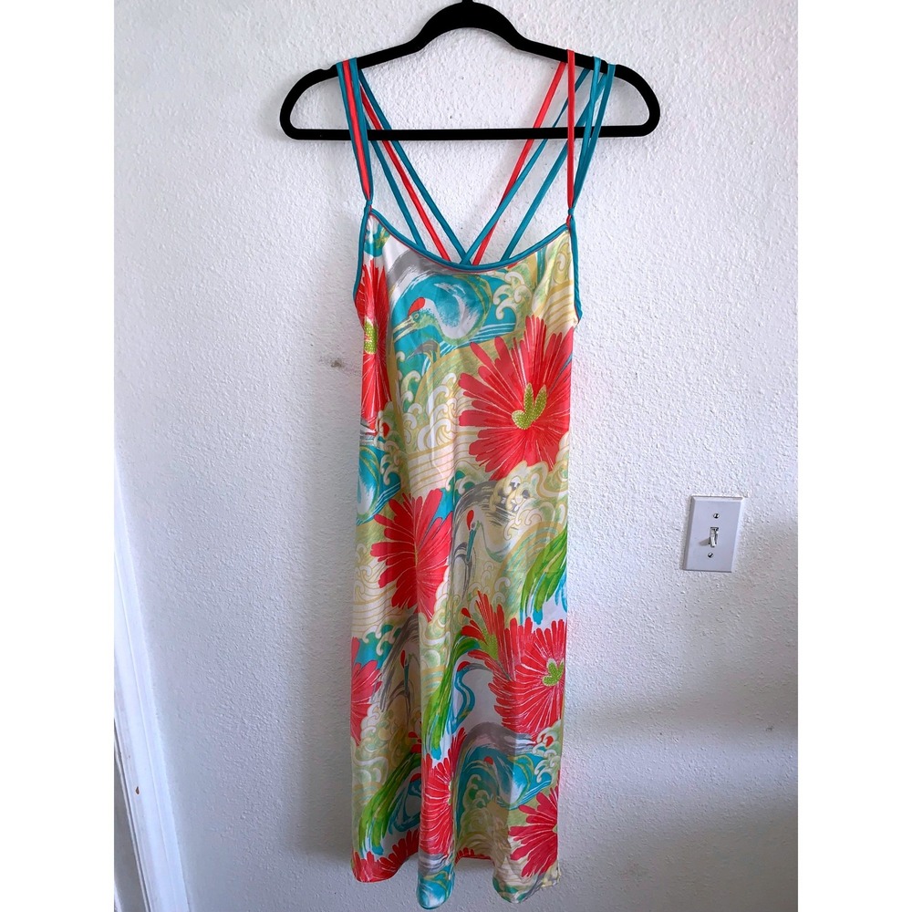 Natori Floral Crane Print Satin Chemise Nightgown Multi Strap Back Medium F82316